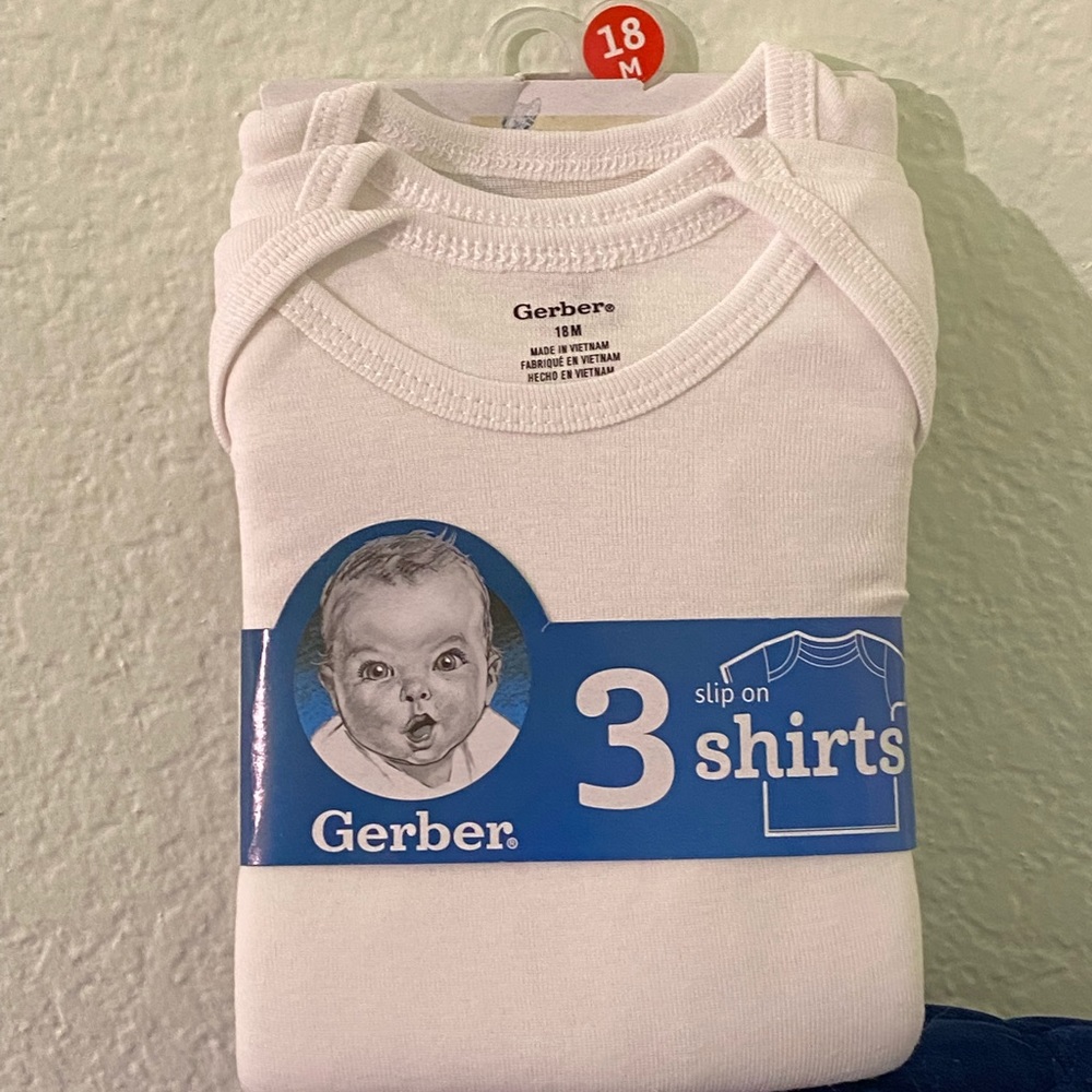 3 New white Gerber baby shirts 18 months